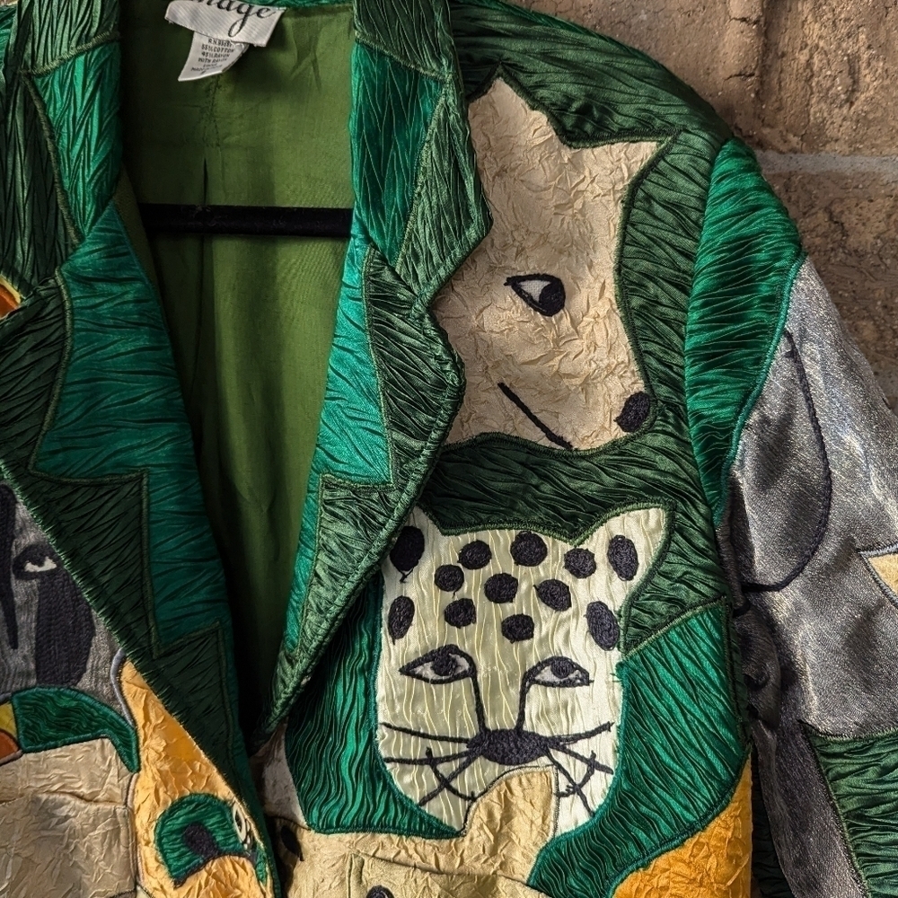 Vintage 90s Anage Jungle Cats Giraffe Zebra Patchwork Blazer Size Small - Picture 3 of 13